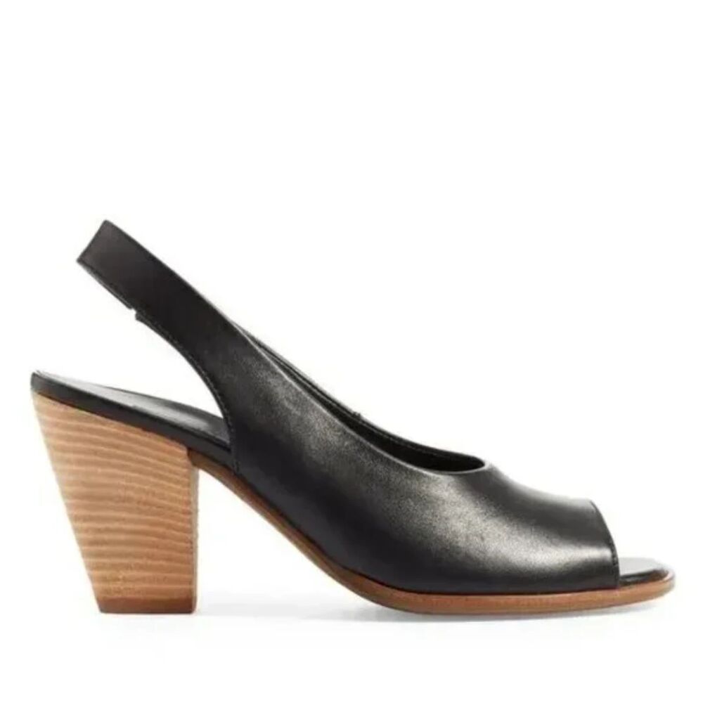 Paul Green Slingback Heels 7 Leather Block Heel Open Toe Casual Dressy Black